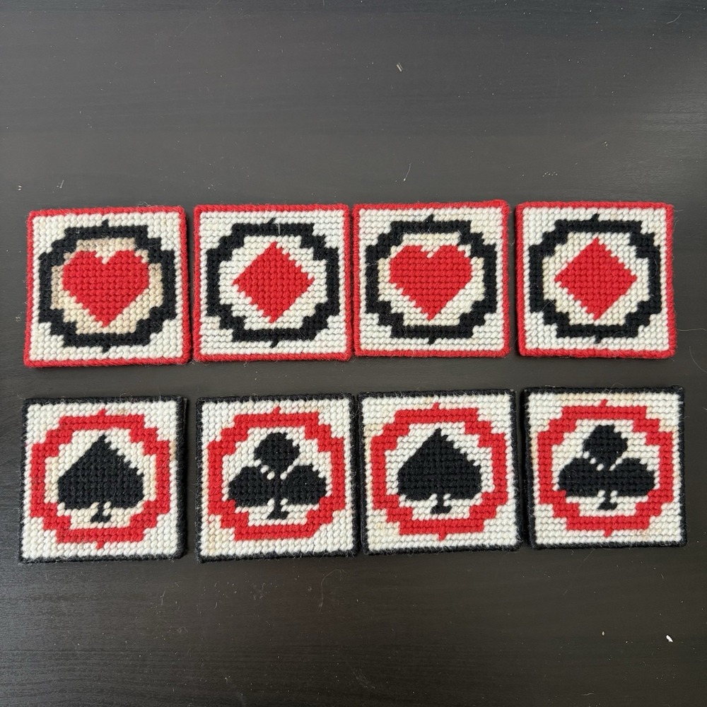 VINTAGE Handcrafted Cross‎ Stitch Playing Card Coasters | Set of 8 Poker